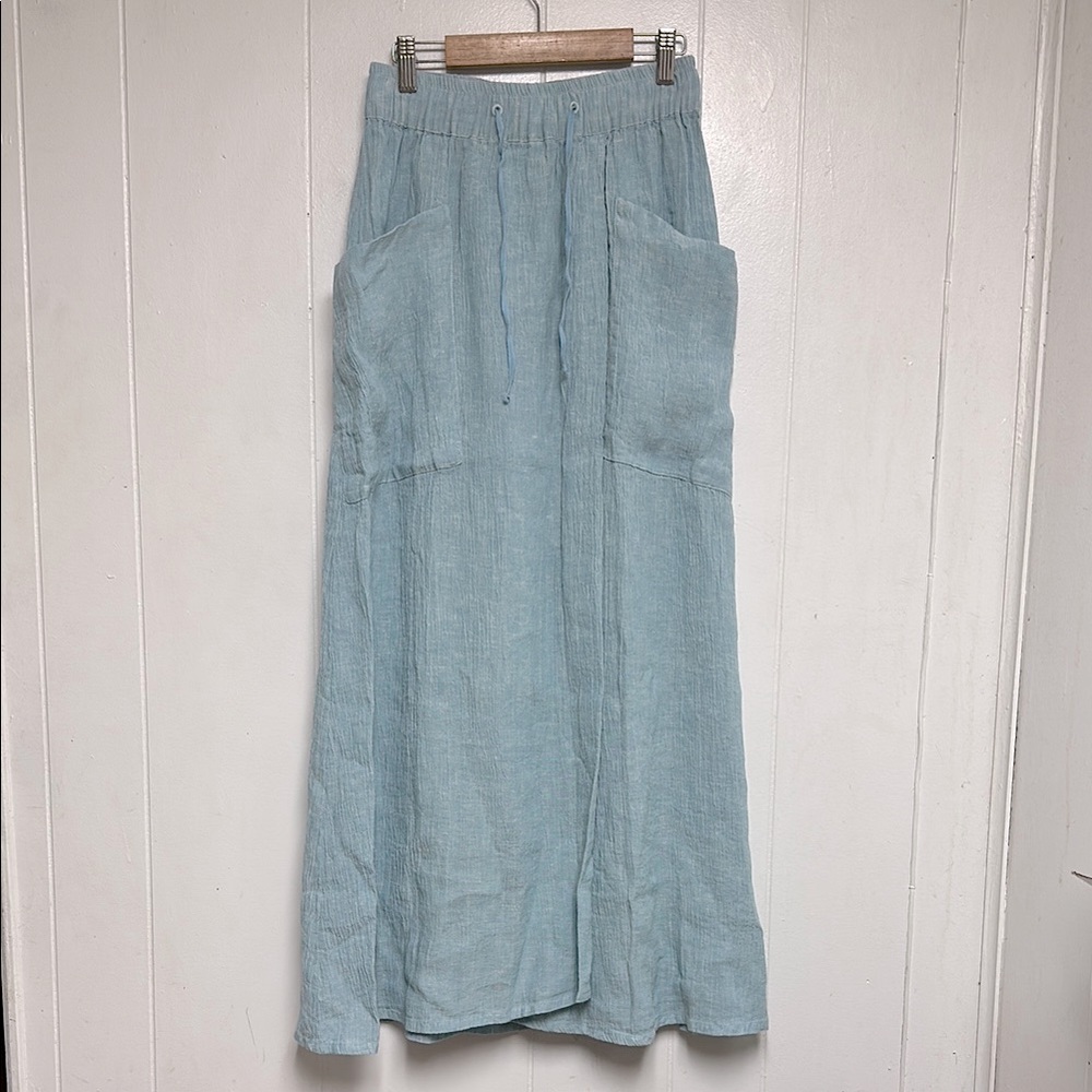 Poetry London Women Linen Cotton Maxi Skirt In Aqua Blue Faux Wrap Size 4
